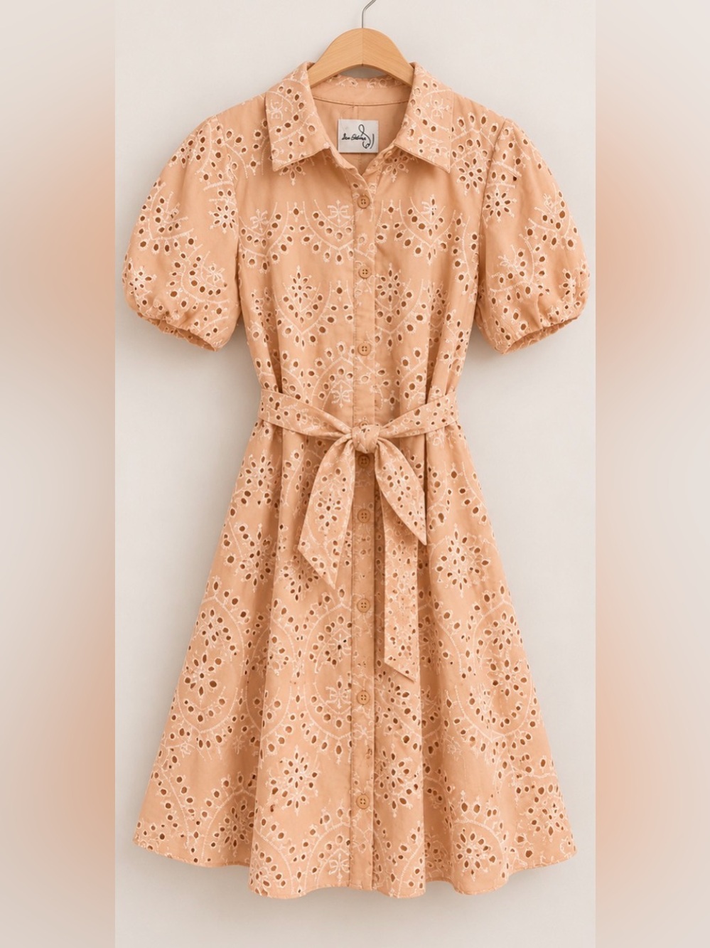 Sam Edelman Eyelet Puff Sleeve Belted Shirt Dress Beige White Size 10